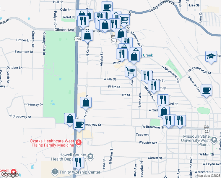 map of restaurants, bars, coffee shops, grocery stores, and more near 1401-1599 W 5th St in West Plains
