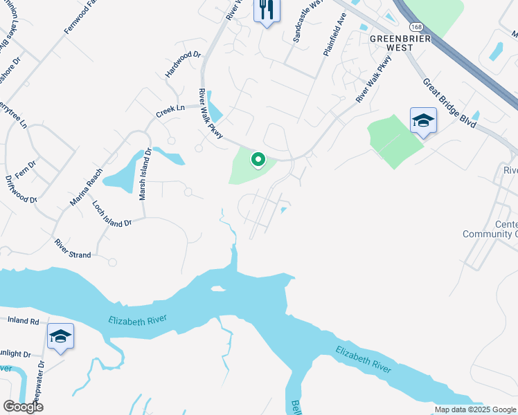 map of restaurants, bars, coffee shops, grocery stores, and more near 300 Esplanade Place in Chesapeake