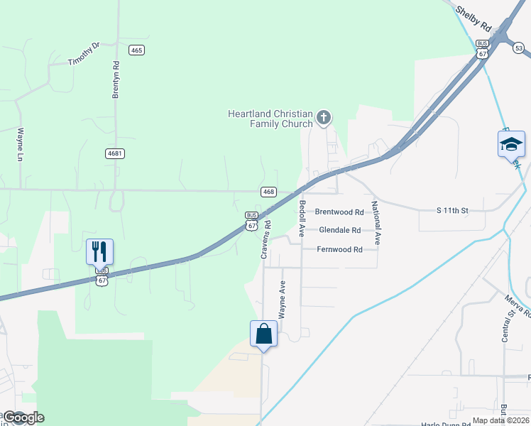 map of restaurants, bars, coffee shops, grocery stores, and more near S Westwood Blvd in Poplar Bluff