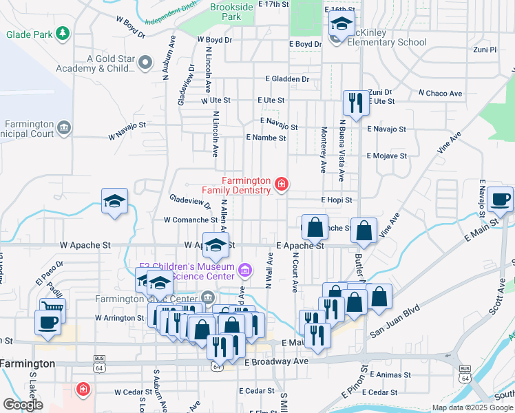 map of restaurants, bars, coffee shops, grocery stores, and more near 611 North Wall Avenue in Farmington