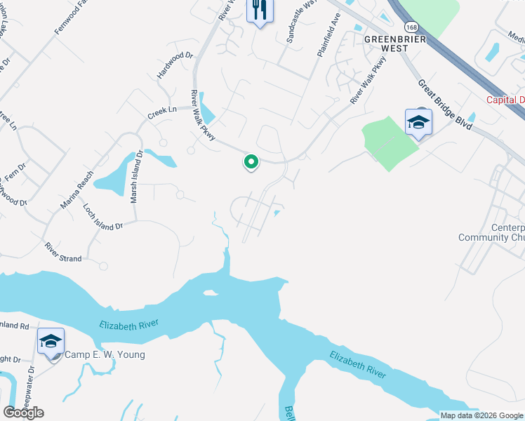 map of restaurants, bars, coffee shops, grocery stores, and more near 321 Esplanade Place in Chesapeake