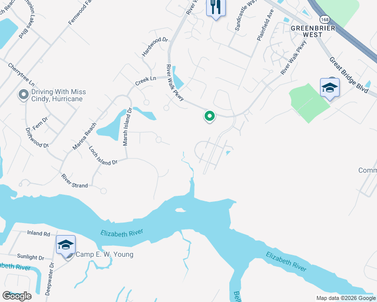 map of restaurants, bars, coffee shops, grocery stores, and more near 716 Inlet Quay in Chesapeake
