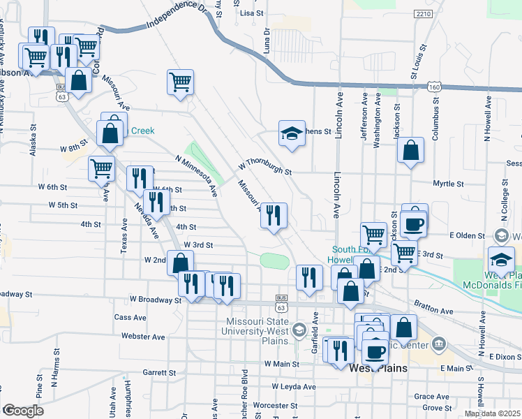 map of restaurants, bars, coffee shops, grocery stores, and more near 739 Missouri Avenue in West Plains