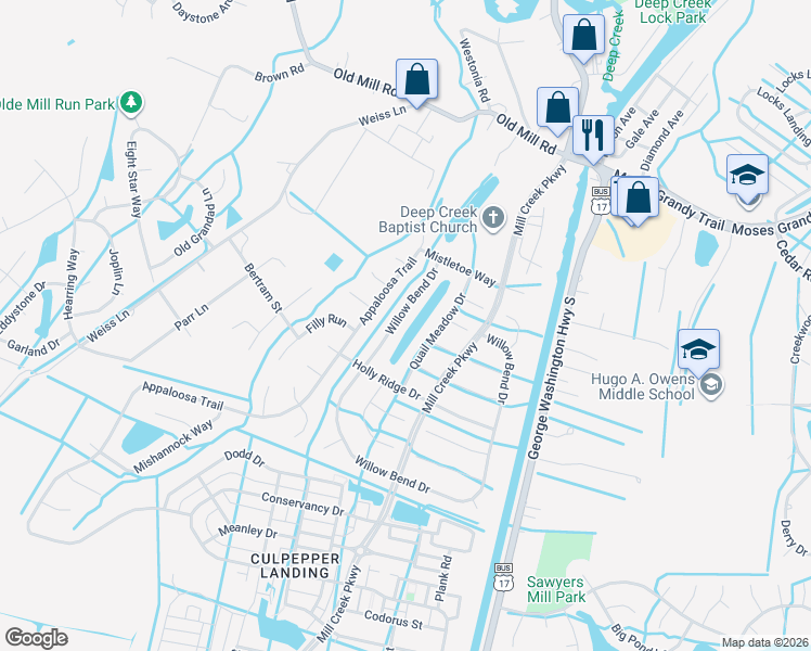 map of restaurants, bars, coffee shops, grocery stores, and more near 749 Willow Bend Drive in Chesapeake