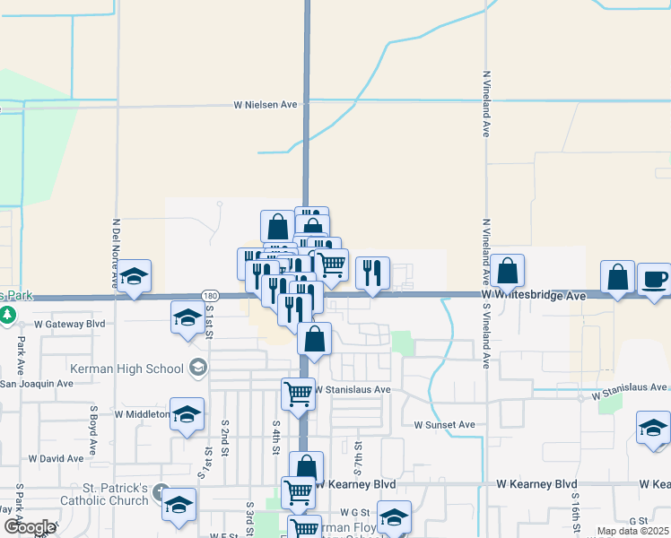 map of restaurants, bars, coffee shops, grocery stores, and more near 14868 West Whitesbridge Avenue in Kerman