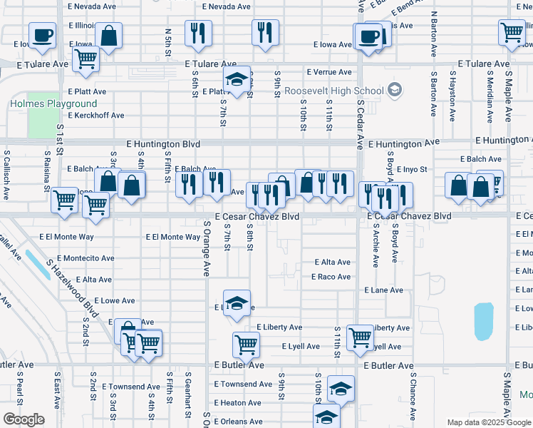 map of restaurants, bars, coffee shops, grocery stores, and more near Ventura Ave & S 9th St in Fresno