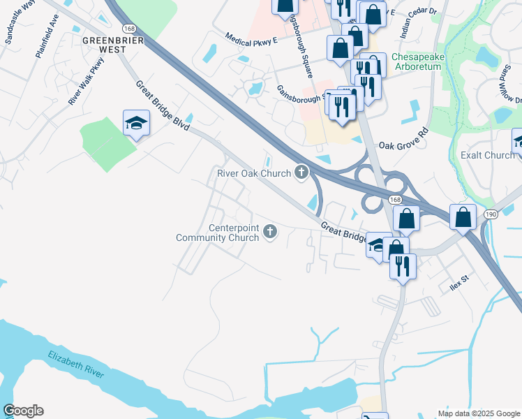 map of restaurants, bars, coffee shops, grocery stores, and more near 332 Saint Lukes Church Road in Chesapeake