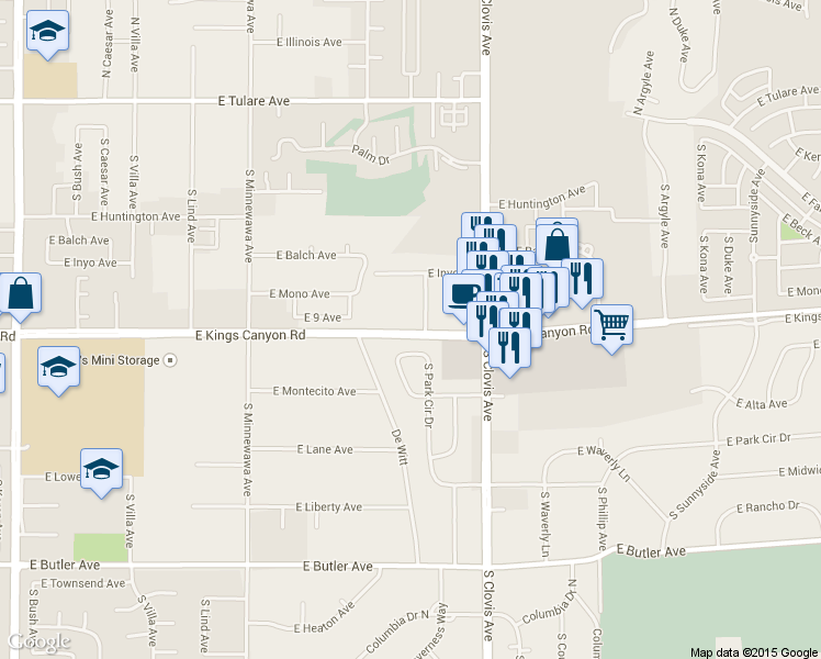 map of restaurants, bars, coffee shops, grocery stores, and more near 5539 E Kings Canyon Rd in Fresno