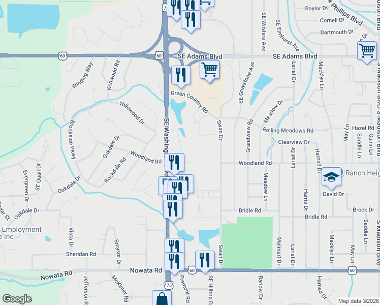 map of restaurants, bars, coffee shops, grocery stores, and more near 1244 Woodland Loop in Bartlesville