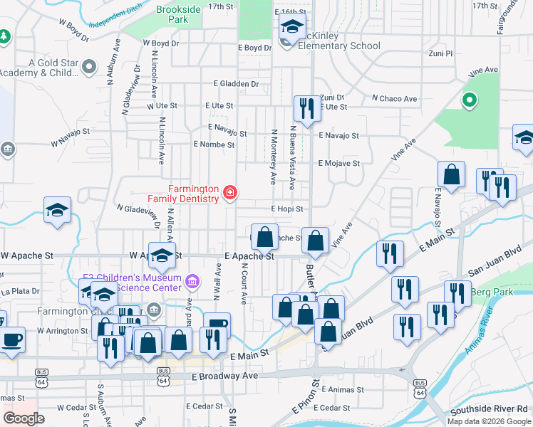 map of restaurants, bars, coffee shops, grocery stores, and more near 404 East Hopi Street in Farmington