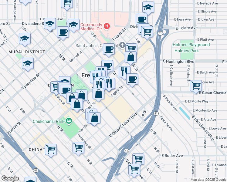 map of restaurants, bars, coffee shops, grocery stores, and more near 2445 O Street in Fresno