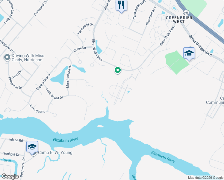 map of restaurants, bars, coffee shops, grocery stores, and more near 705 Inlet Quay in Chesapeake