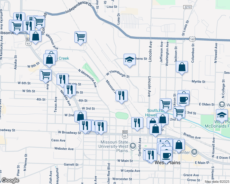 map of restaurants, bars, coffee shops, grocery stores, and more near 739 Missouri Avenue in West Plains
