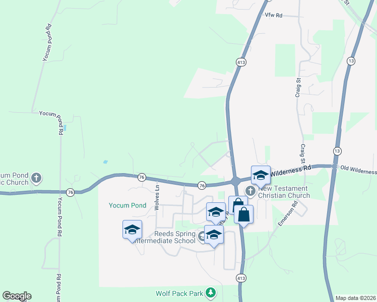 map of restaurants, bars, coffee shops, grocery stores, and more near Thundering Pines Lane in Reeds Spring