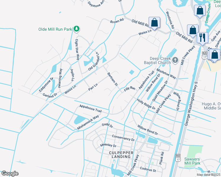 map of restaurants, bars, coffee shops, grocery stores, and more near 401 Bridle Court in Chesapeake