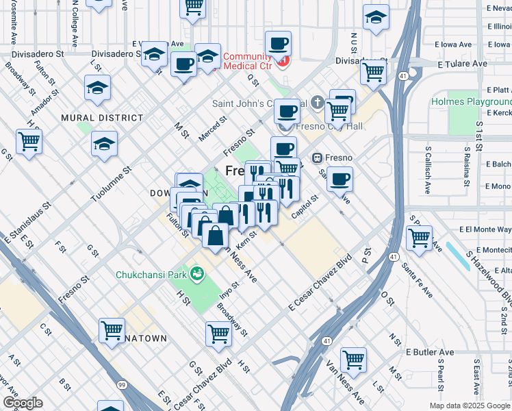 map of restaurants, bars, coffee shops, grocery stores, and more near 2300 Tulare Street in Fresno