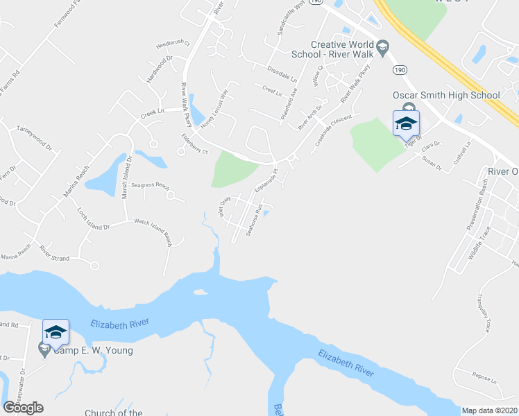 map of restaurants, bars, coffee shops, grocery stores, and more near 499 Seahorse Run in Chesapeake
