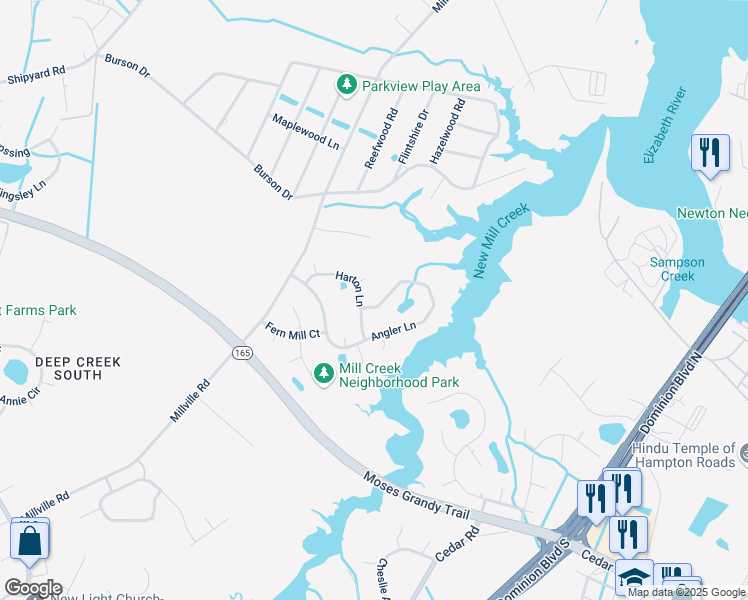 map of restaurants, bars, coffee shops, grocery stores, and more near 2205 Angler Lane in Chesapeake