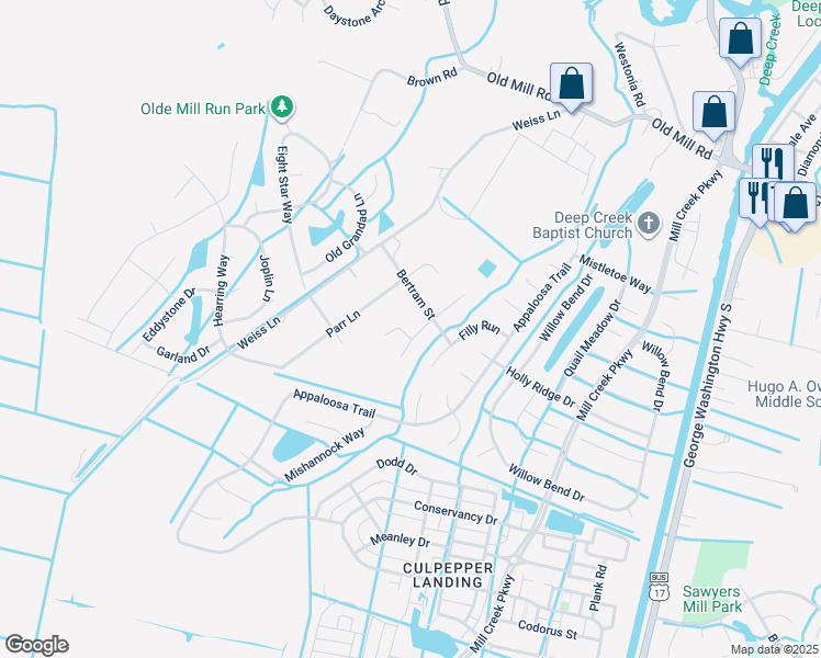 map of restaurants, bars, coffee shops, grocery stores, and more near 401 Bridle Court in Chesapeake