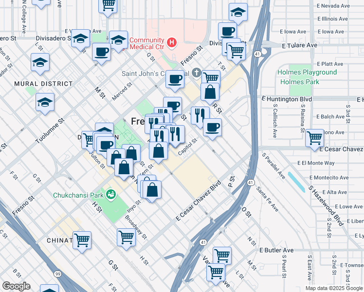 map of restaurants, bars, coffee shops, grocery stores, and more near 2445 Capitol Street in Fresno