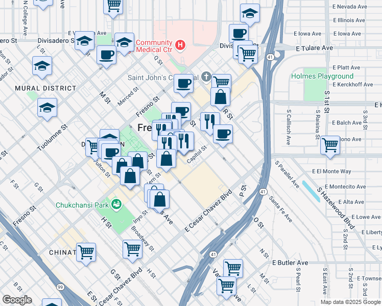 map of restaurants, bars, coffee shops, grocery stores, and more near 2445 Capitol Street in Fresno