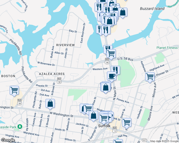 map of restaurants, bars, coffee shops, grocery stores, and more near 8 Riverview Court in Suffolk