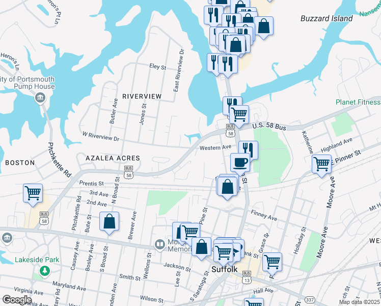 map of restaurants, bars, coffee shops, grocery stores, and more near 315 West Constance Road in Suffolk