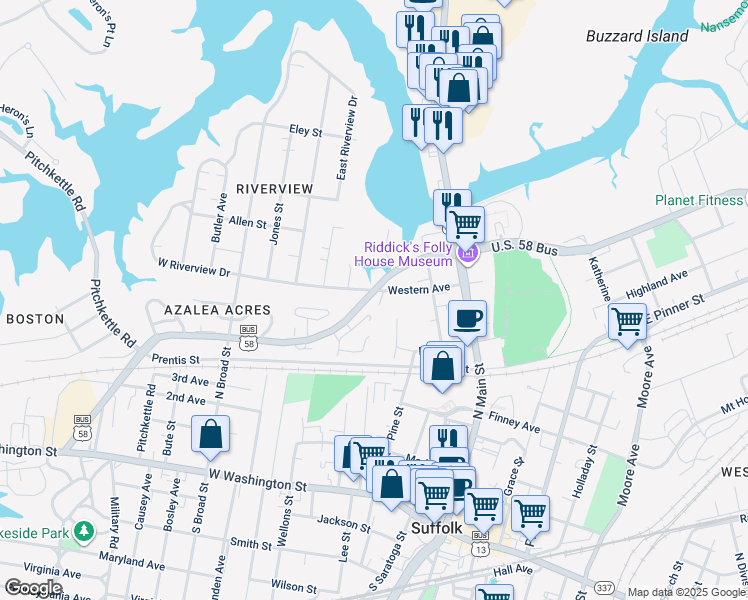 map of restaurants, bars, coffee shops, grocery stores, and more near 8 Riverview Court in Suffolk