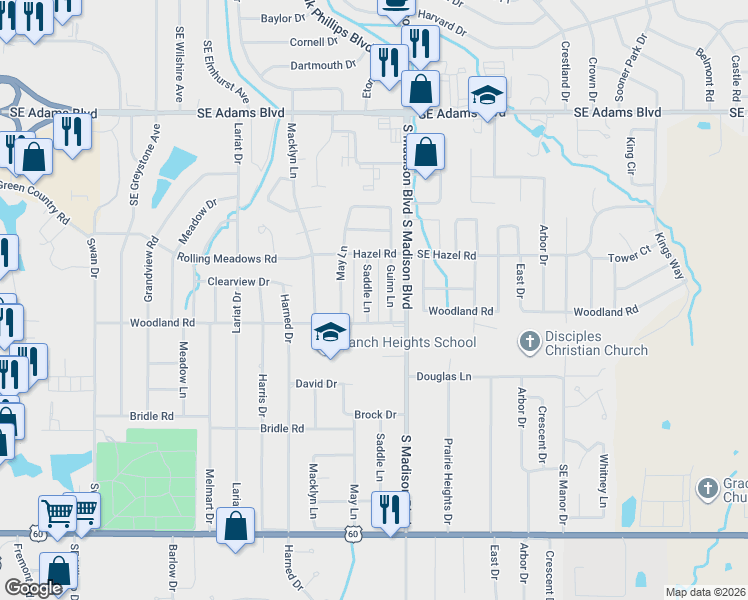 map of restaurants, bars, coffee shops, grocery stores, and more near 1230 Saddle Lane in Bartlesville