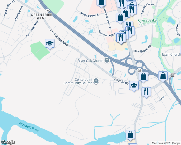 map of restaurants, bars, coffee shops, grocery stores, and more near 332 Saint Lukes Church Road in Chesapeake