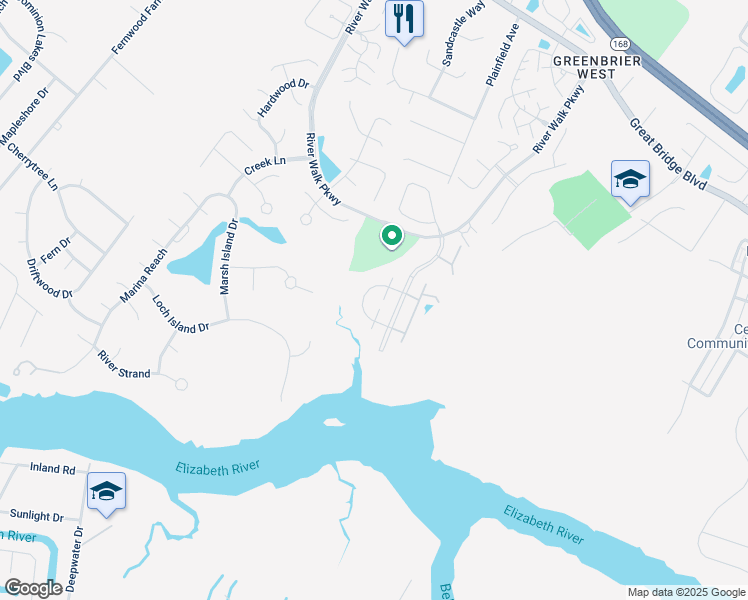 map of restaurants, bars, coffee shops, grocery stores, and more near 717 Inlet Quay in Chesapeake