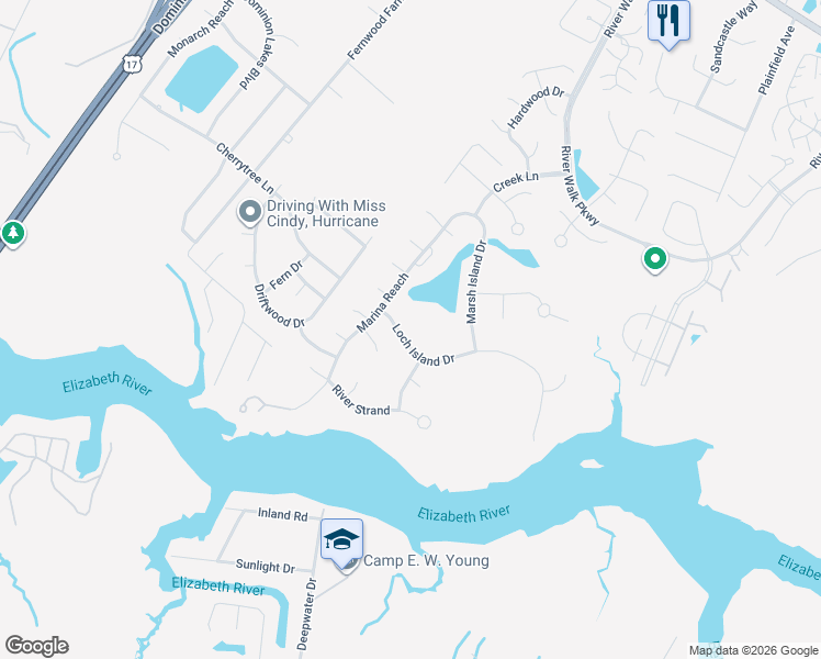 map of restaurants, bars, coffee shops, grocery stores, and more near 832 Loch Island Drive in Chesapeake