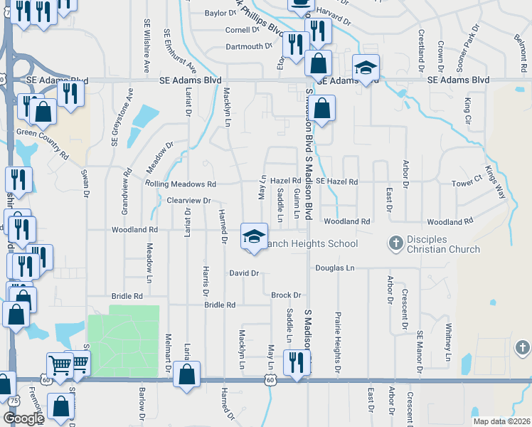 map of restaurants, bars, coffee shops, grocery stores, and more near 1231 May Lane in Bartlesville
