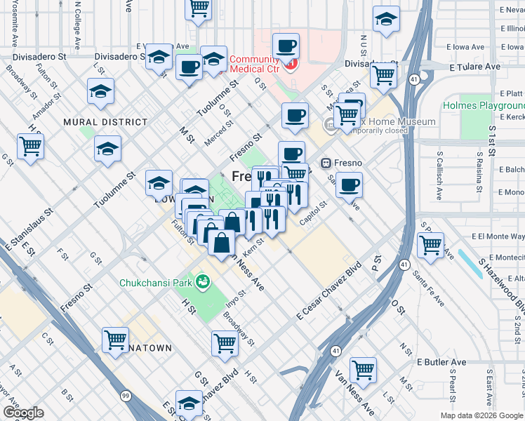 map of restaurants, bars, coffee shops, grocery stores, and more near 2300 Tulare Street in Fresno