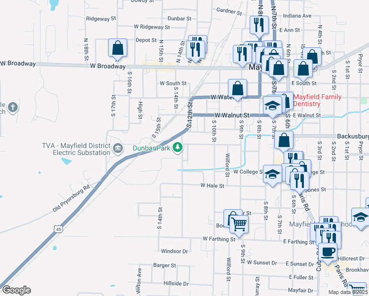 map of restaurants, bars, coffee shops, grocery stores, and more near 602 South 12th Street in Mayfield