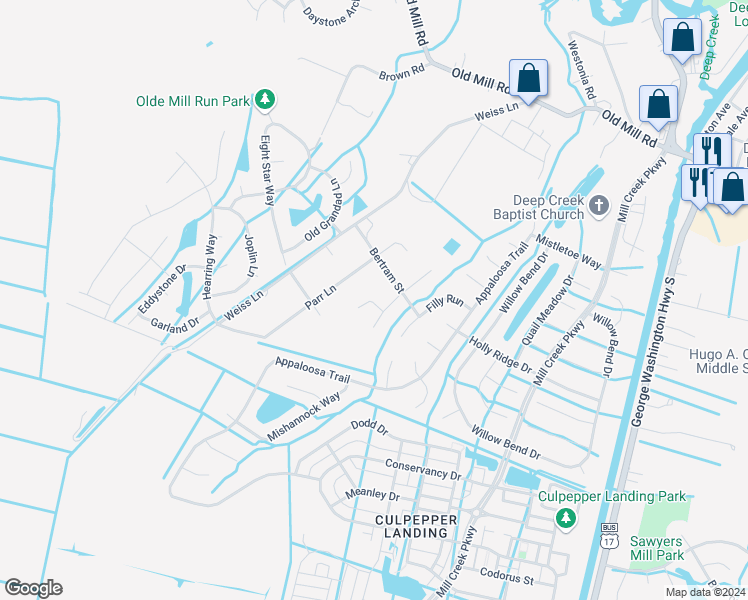 map of restaurants, bars, coffee shops, grocery stores, and more near 405 Bridle Court in Chesapeake
