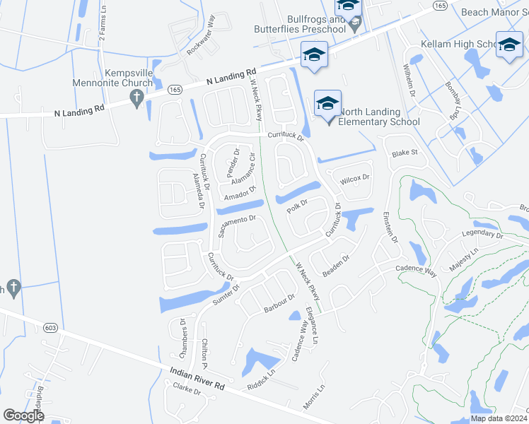 map of restaurants, bars, coffee shops, grocery stores, and more near 3185 Sacramento Drive in Virginia Beach