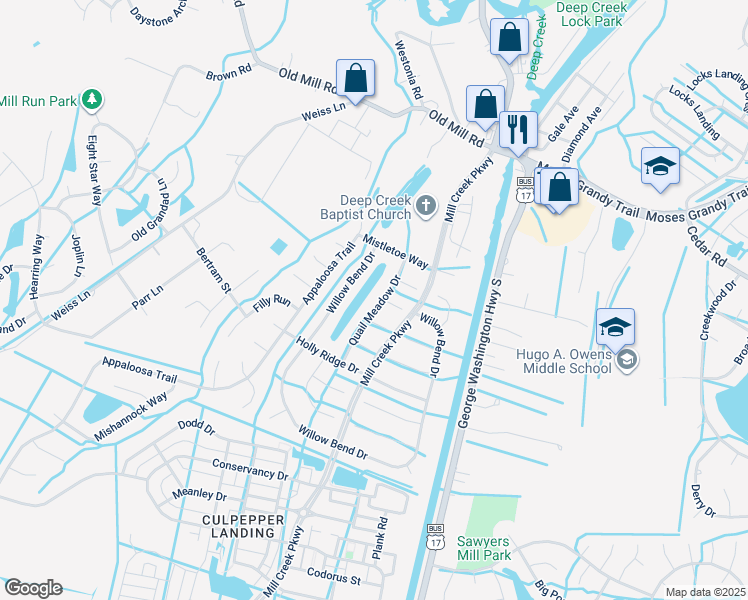 map of restaurants, bars, coffee shops, grocery stores, and more near 316 Quail Meadow Drive in Chesapeake