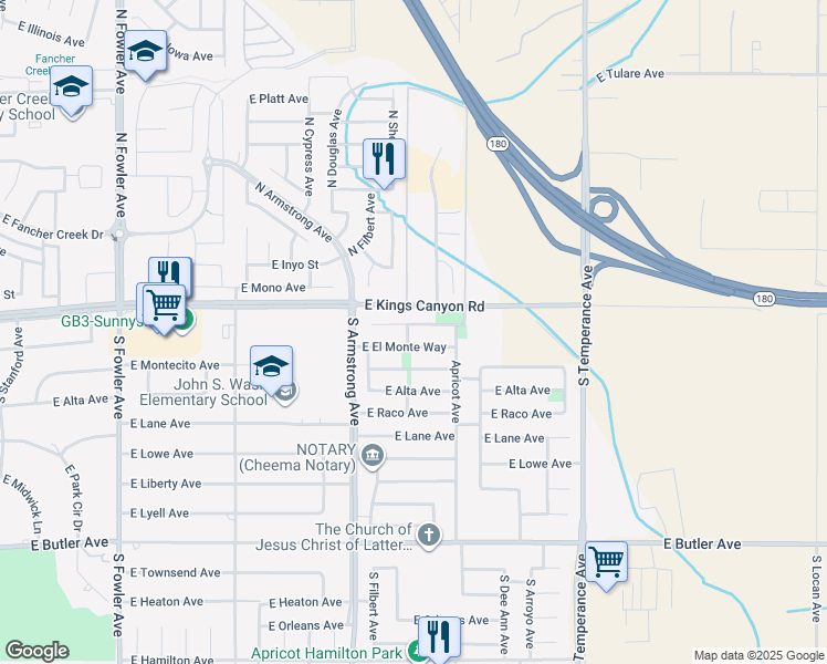 map of restaurants, bars, coffee shops, grocery stores, and more near 6654 East Buckeye Avenue in Fresno