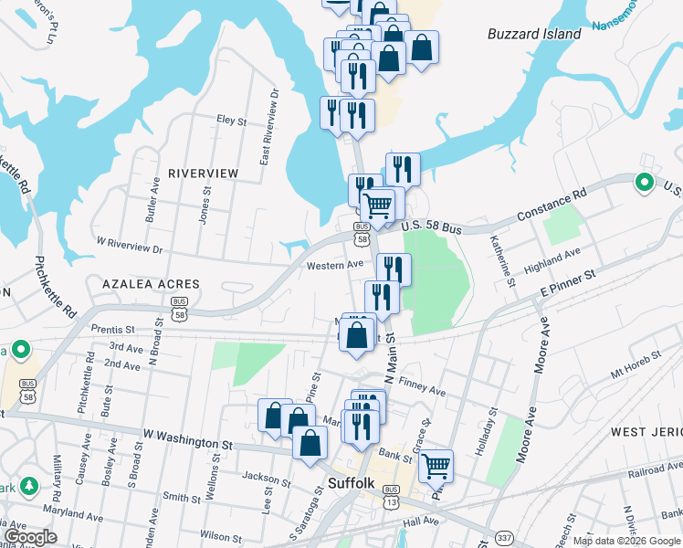 map of restaurants, bars, coffee shops, grocery stores, and more near 145 Church Street in Suffolk