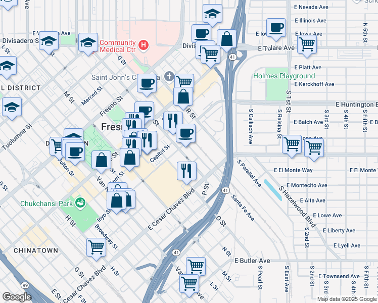 map of restaurants, bars, coffee shops, grocery stores, and more near 750 Santa Fe Avenue in Fresno
