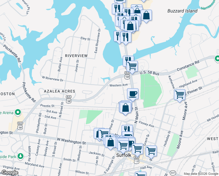map of restaurants, bars, coffee shops, grocery stores, and more near 5 Riverview Court in Suffolk