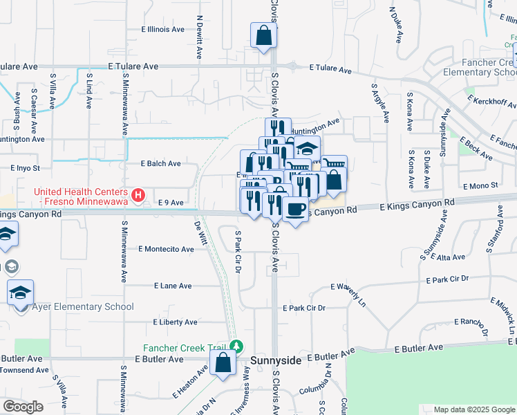 map of restaurants, bars, coffee shops, grocery stores, and more near 5569 East Kings Canyon Road in Fresno