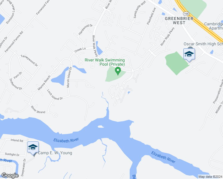 map of restaurants, bars, coffee shops, grocery stores, and more near 717 Inlet Quay in Chesapeake