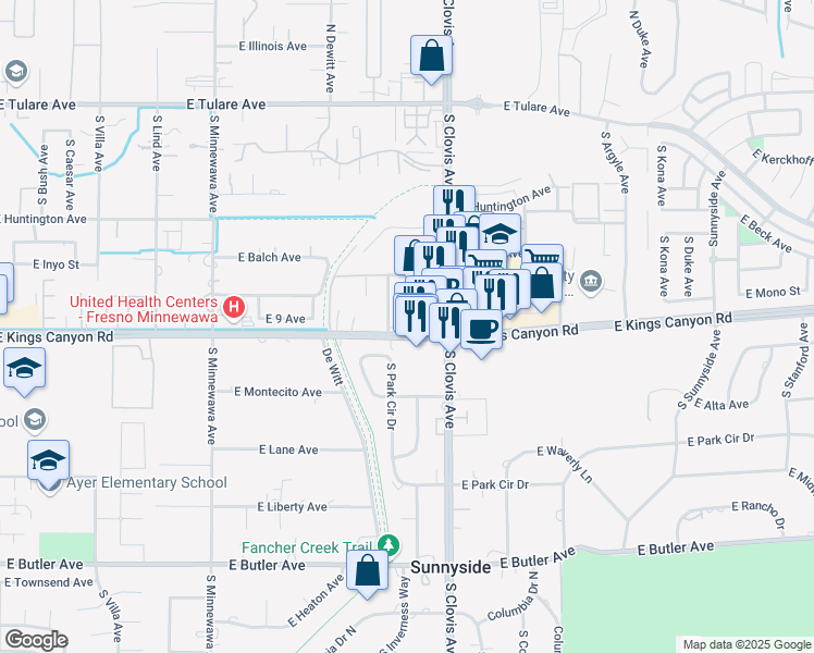 map of restaurants, bars, coffee shops, grocery stores, and more near 5569 East Kings Canyon Road in Fresno