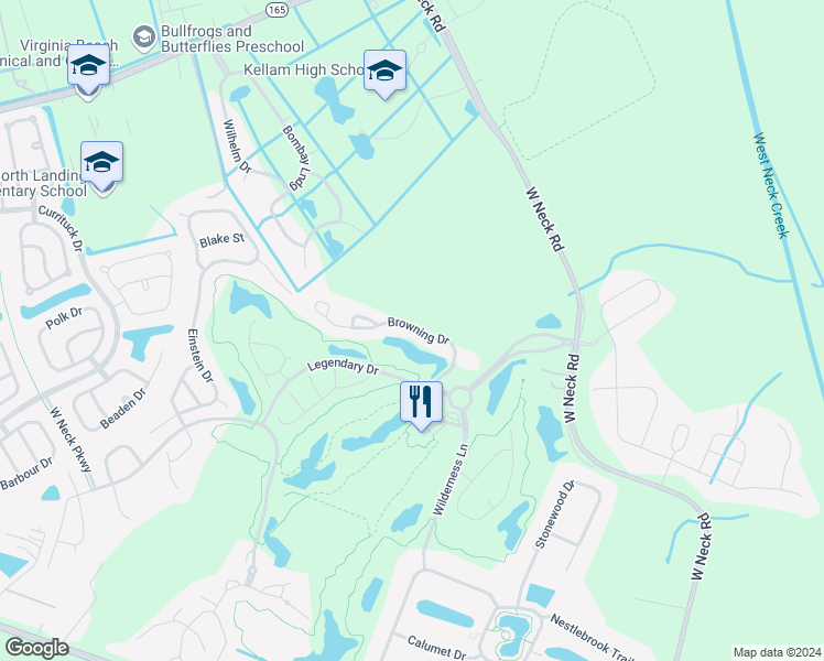 map of restaurants, bars, coffee shops, grocery stores, and more near 2673 Browning Drive in Virginia Beach