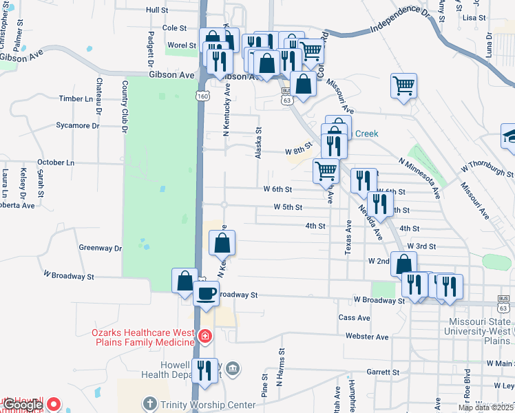 map of restaurants, bars, coffee shops, grocery stores, and more near 1599 W 5th St in West Plains