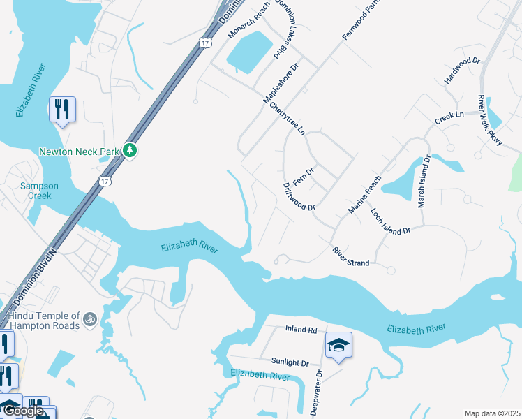map of restaurants, bars, coffee shops, grocery stores, and more near 217 Shore Side Road in Chesapeake
