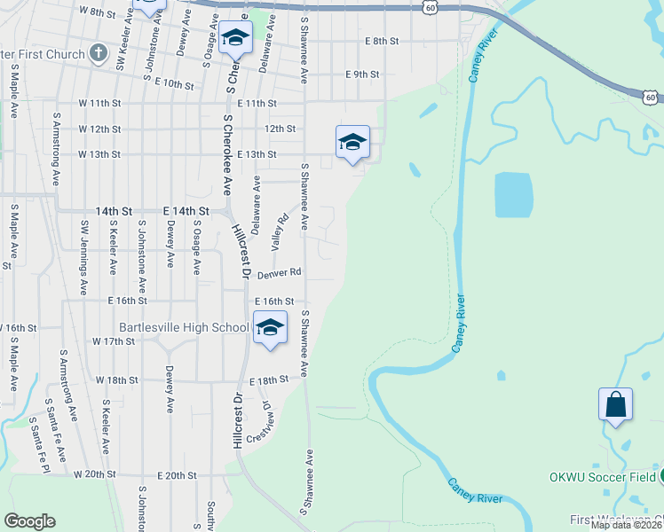map of restaurants, bars, coffee shops, grocery stores, and more near 1569 Pecan Place in Bartlesville