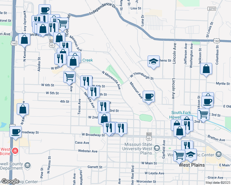 map of restaurants, bars, coffee shops, grocery stores, and more near 1000-1098 6th St in West Plains